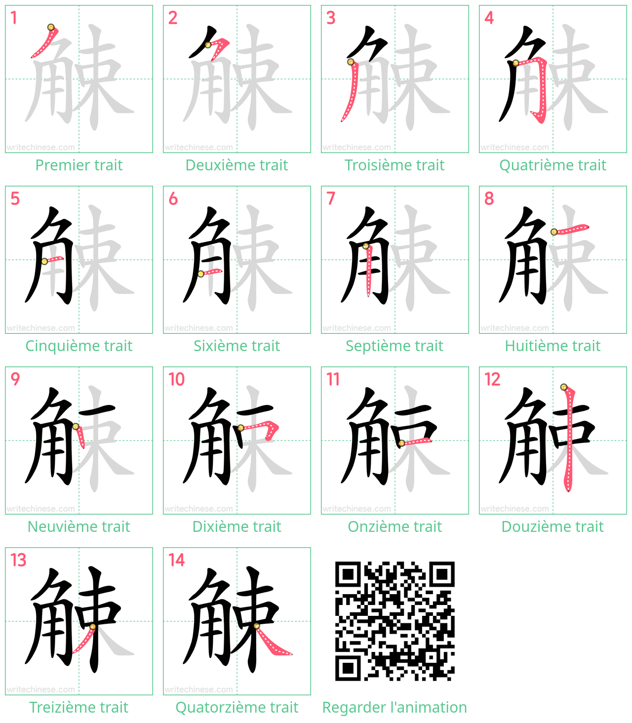 Diagrammes d'ordre des traits étape par étape pour le caractère 觫