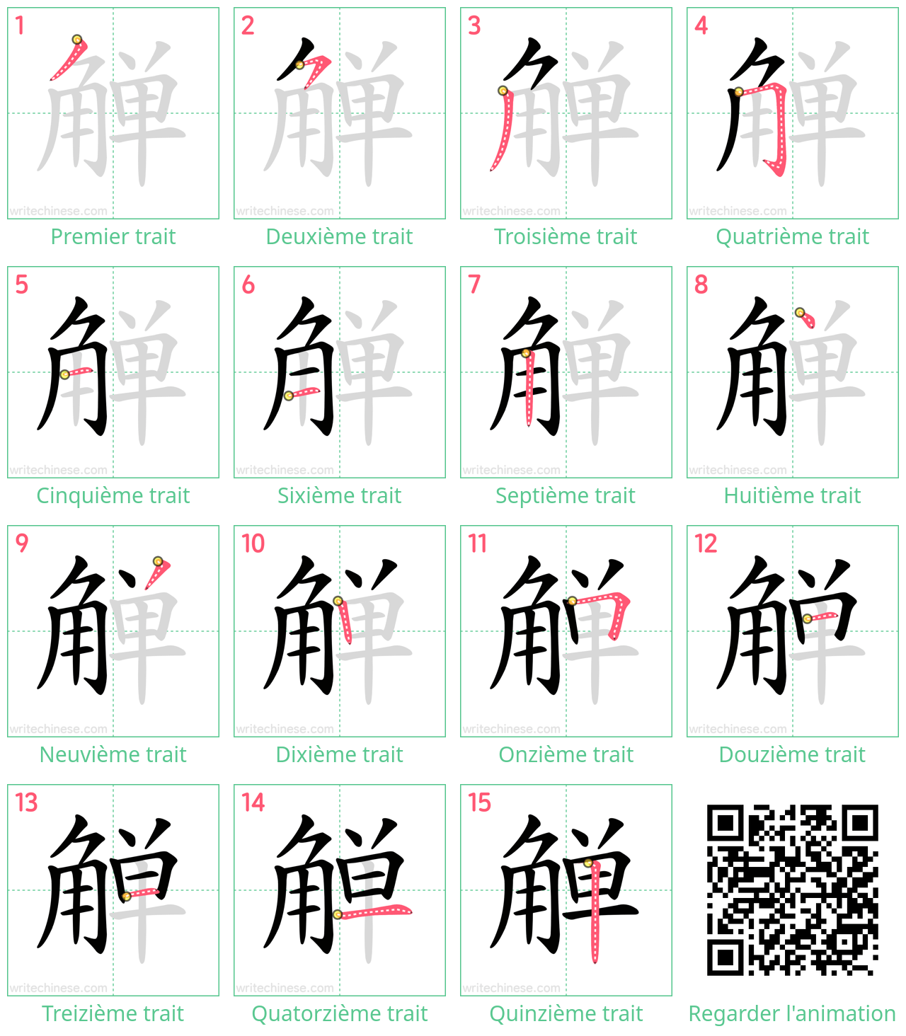 Diagrammes d'ordre des traits étape par étape pour le caractère 觯