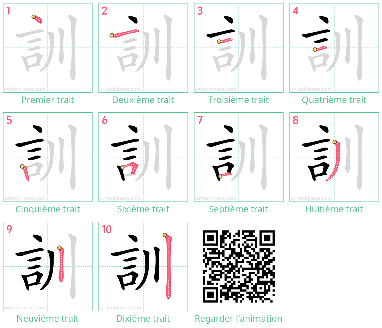 Diagrammes d'ordre des traits étape par étape pour le caractère 訓