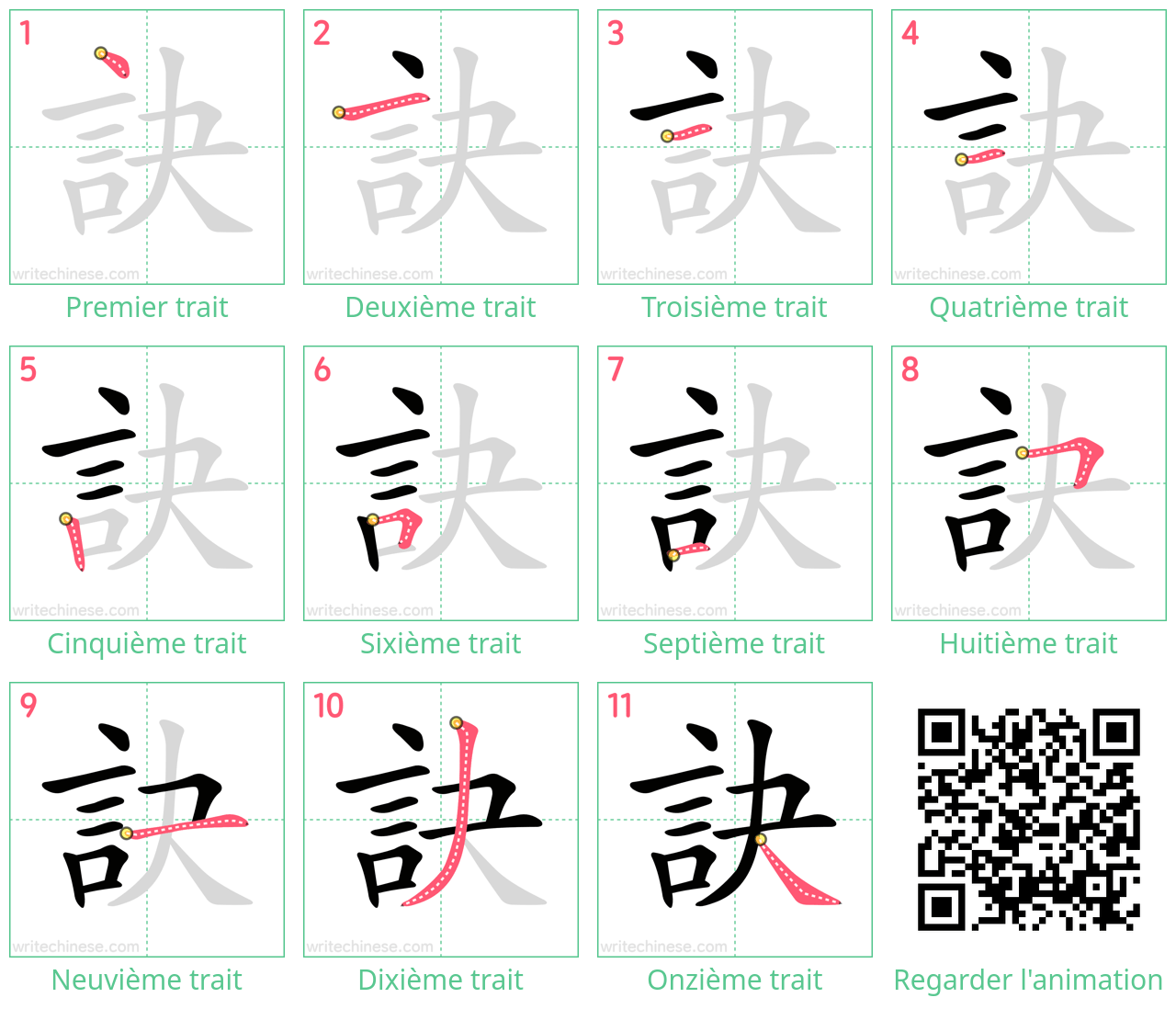 Diagrammes d'ordre des traits étape par étape pour le caractère 訣