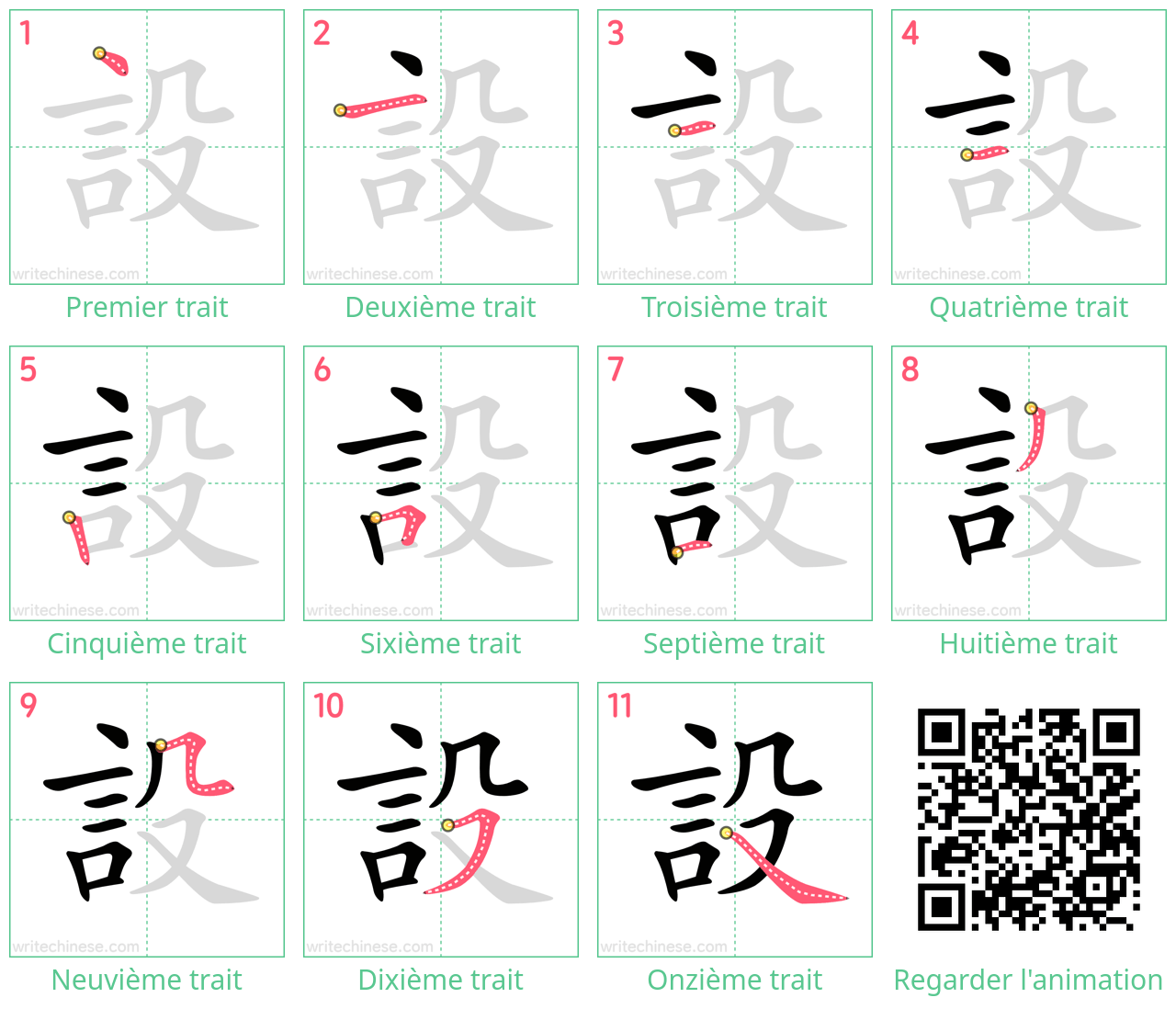 Diagrammes d'ordre des traits étape par étape pour le caractère 設