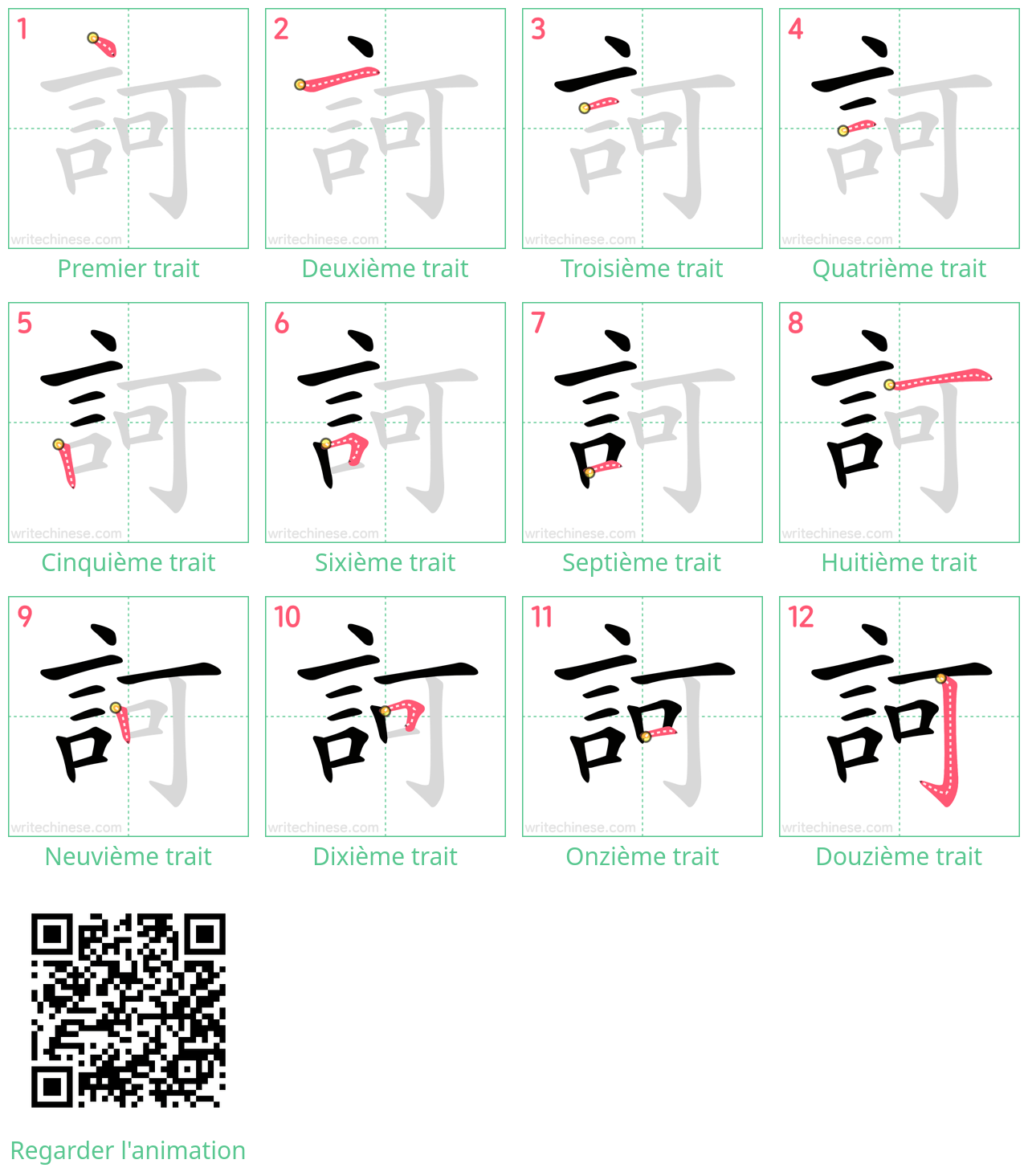 Diagrammes d'ordre des traits étape par étape pour le caractère 訶