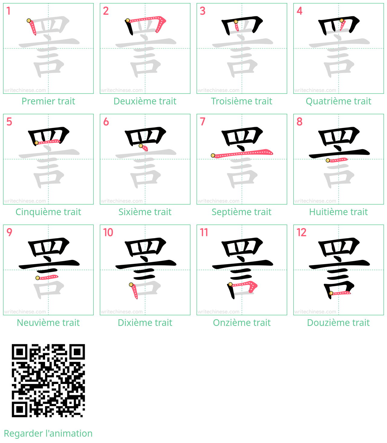 Diagrammes d'ordre des traits étape par étape pour le caractère 詈