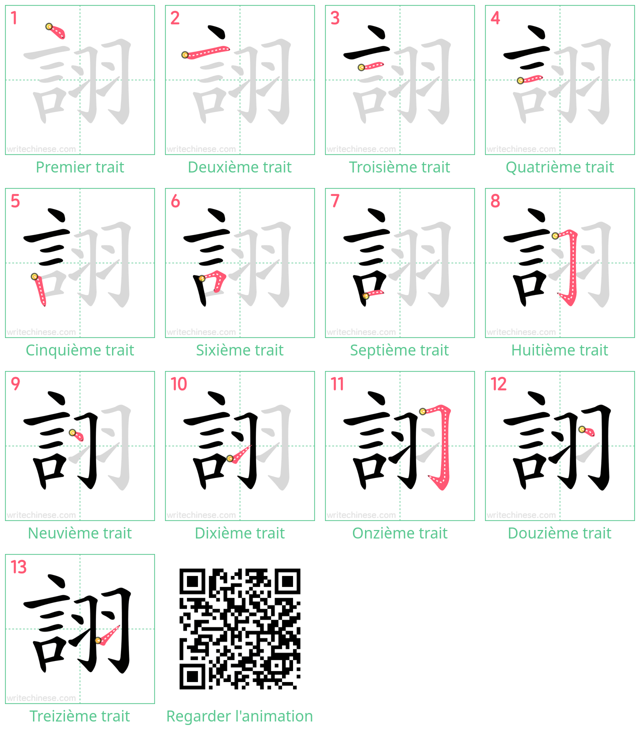 Diagrammes d'ordre des traits étape par étape pour le caractère 詡