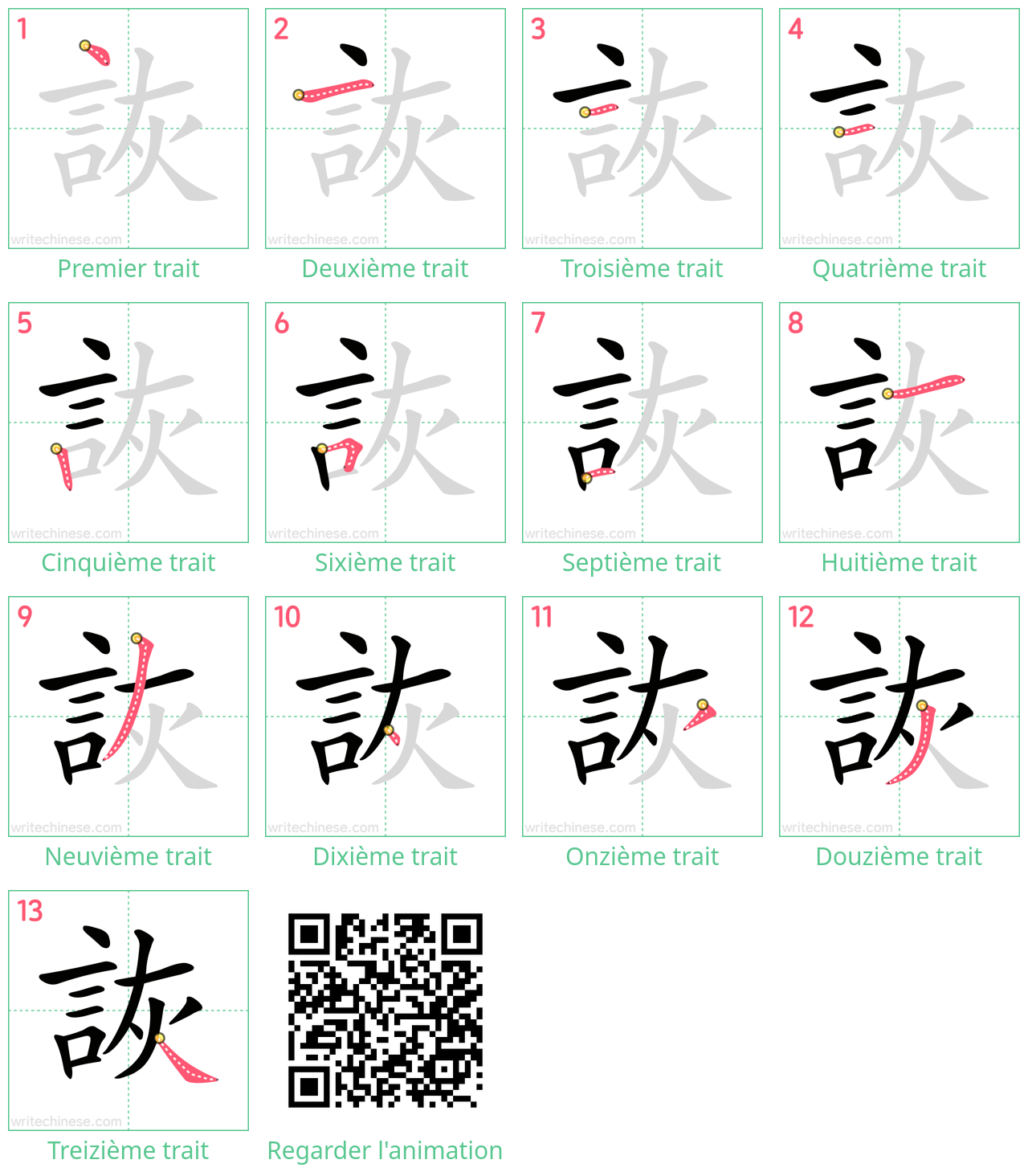 Diagrammes d'ordre des traits étape par étape pour le caractère 詼