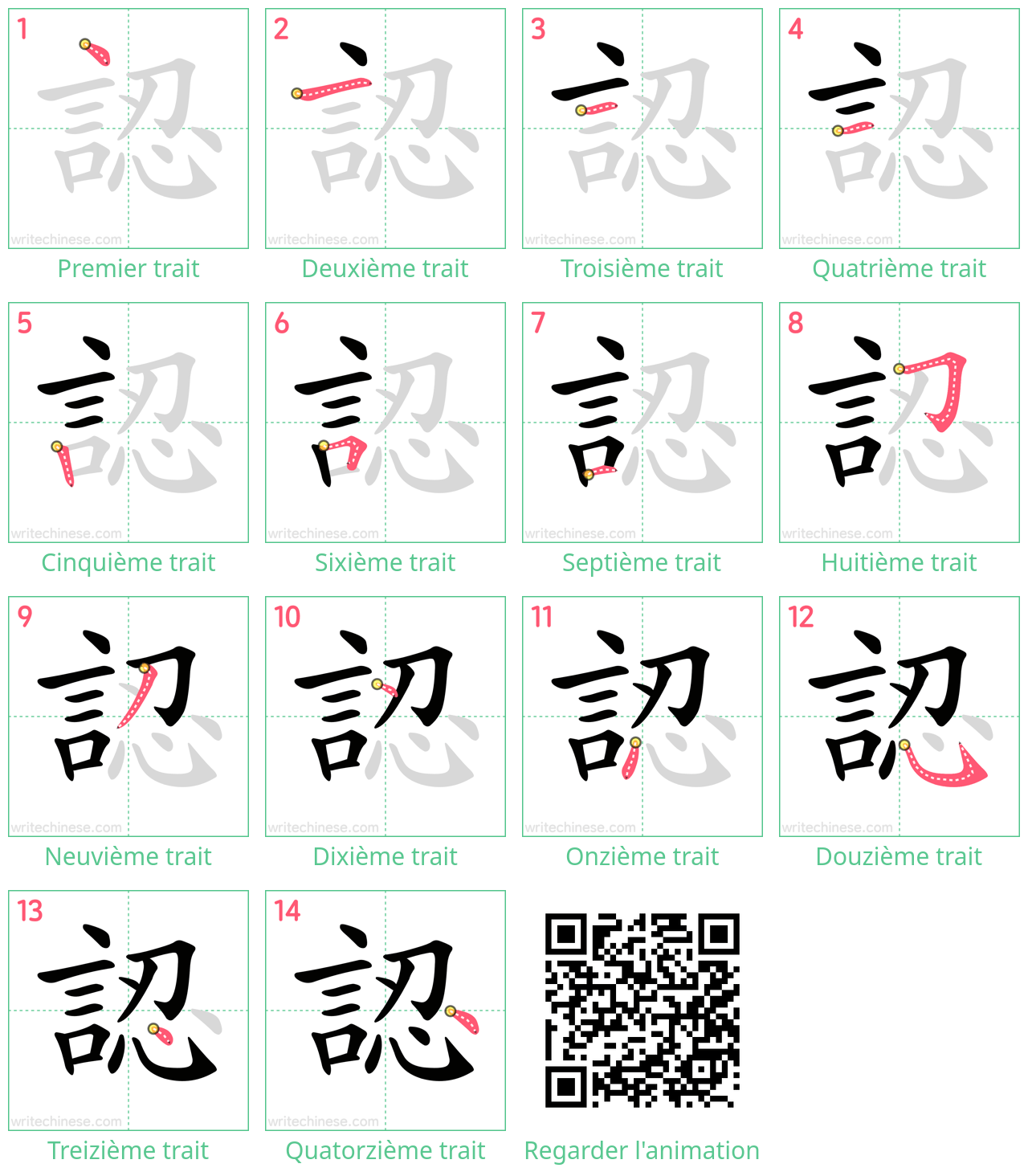 Diagrammes d'ordre des traits étape par étape pour le caractère 認