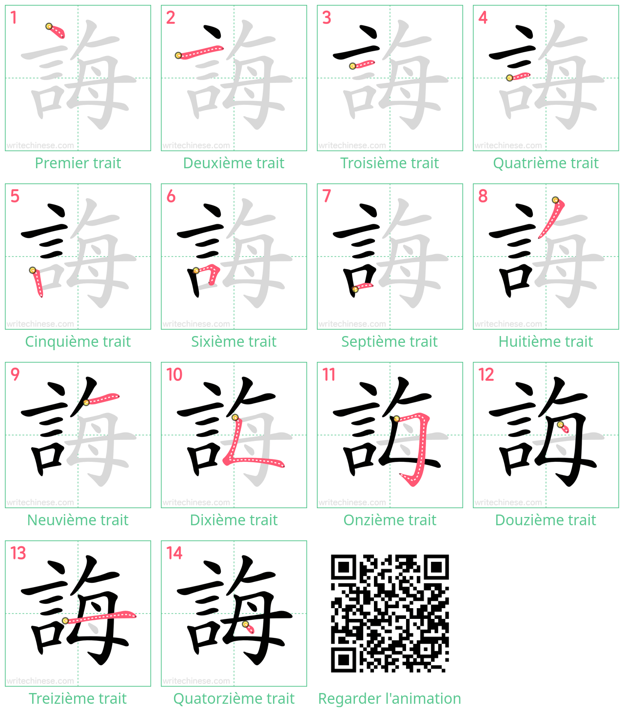 Diagrammes d'ordre des traits étape par étape pour le caractère 誨