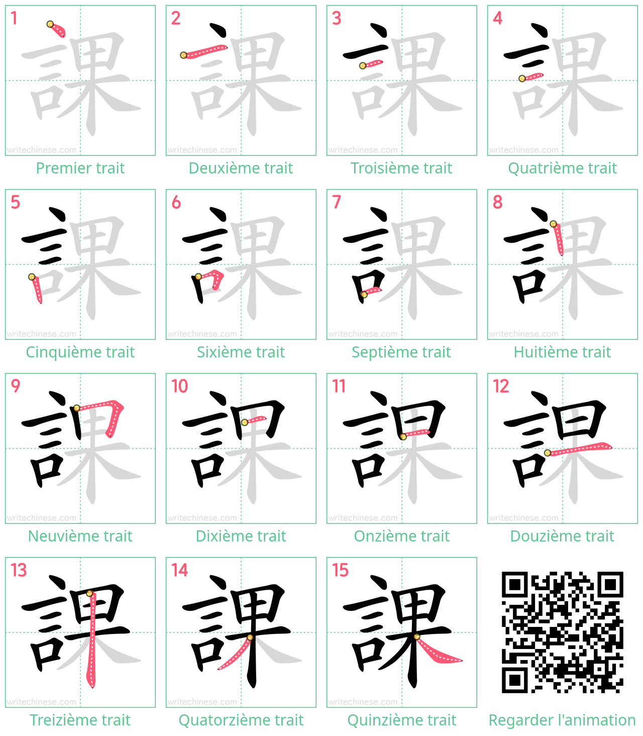 Diagrammes d'ordre des traits étape par étape pour le caractère 課
