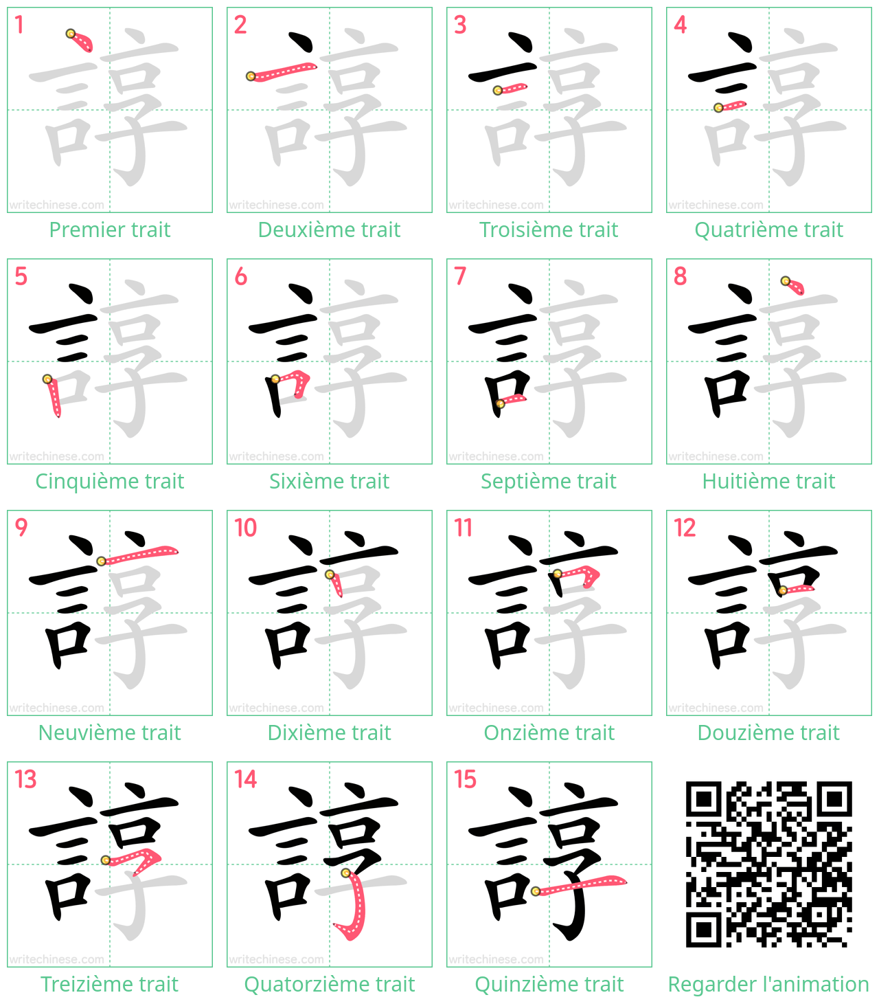 Diagrammes d'ordre des traits étape par étape pour le caractère 諄