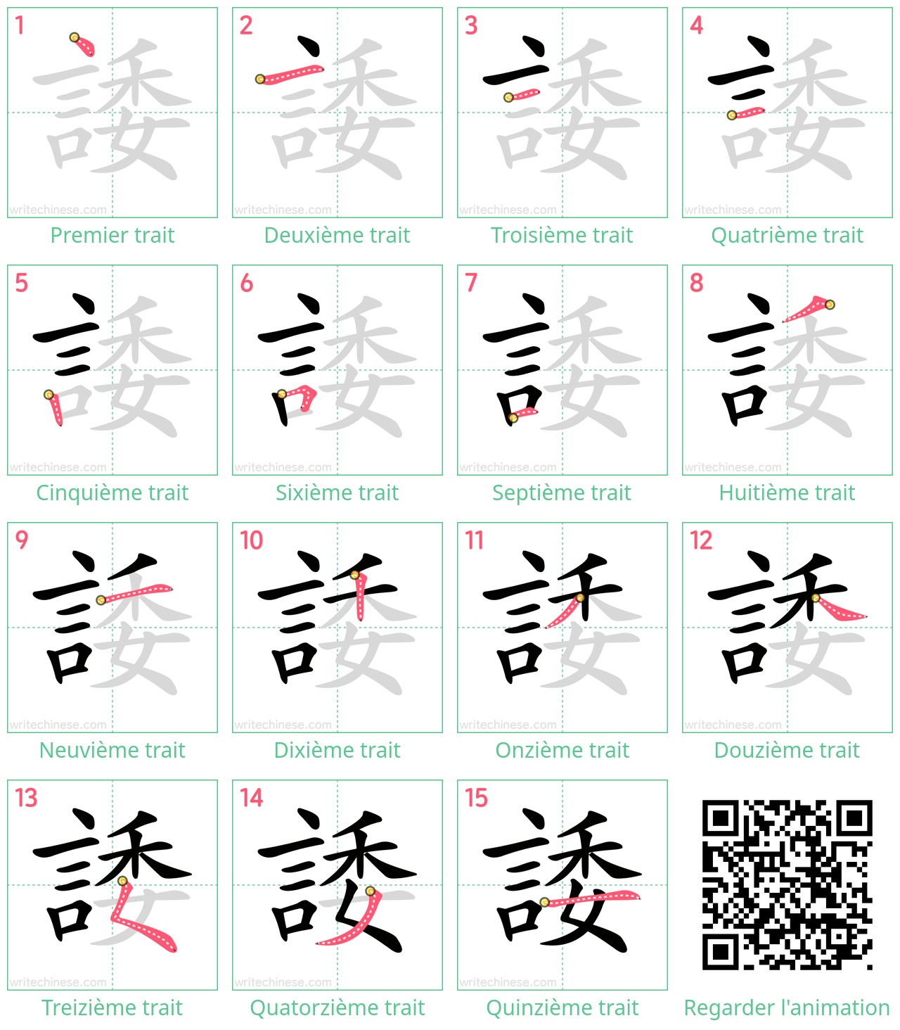 Diagrammes d'ordre des traits étape par étape pour le caractère 諉