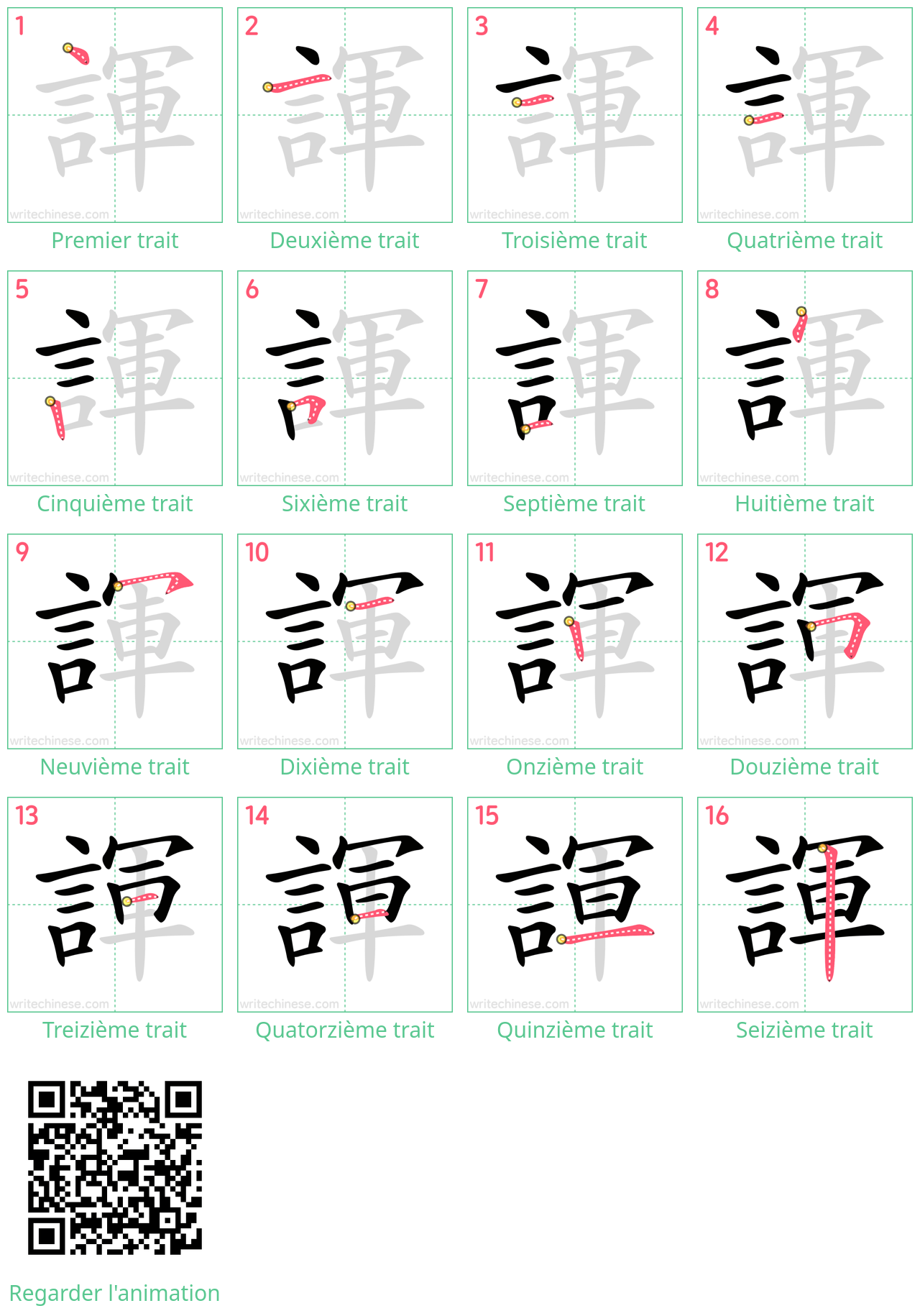 Diagrammes d'ordre des traits étape par étape pour le caractère 諢