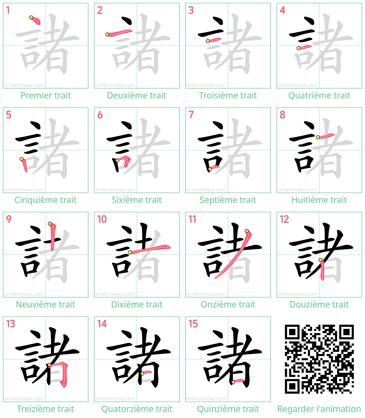 Diagrammes d'ordre des traits étape par étape pour le caractère 諸