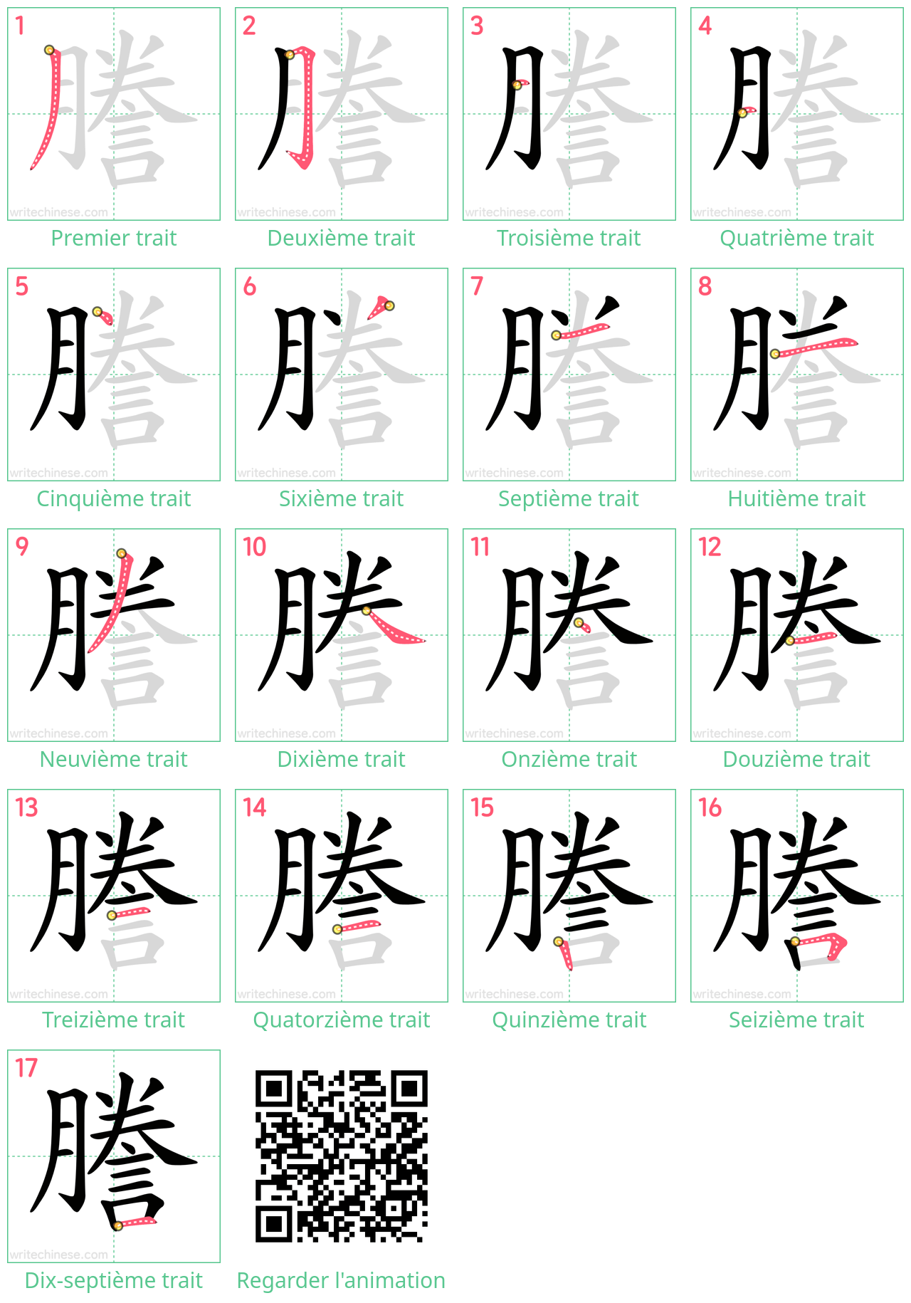 Diagrammes d'ordre des traits étape par étape pour le caractère 謄