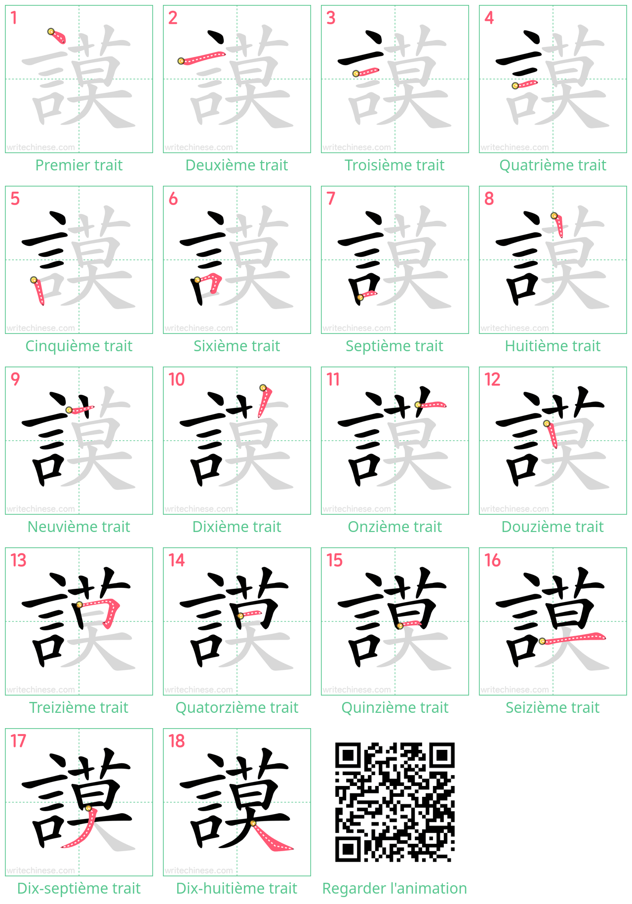 Diagrammes d'ordre des traits étape par étape pour le caractère 謨