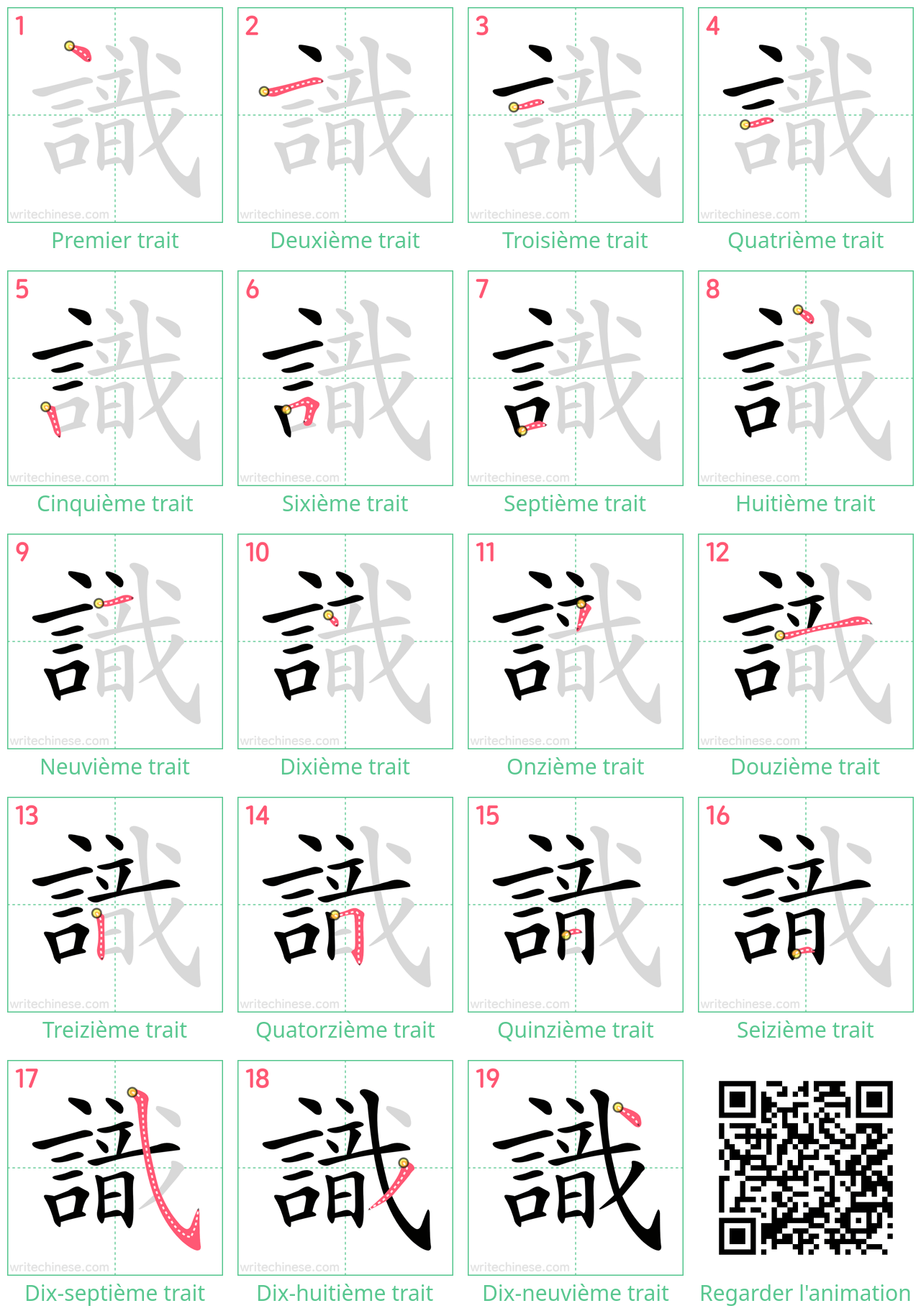 Diagrammes d'ordre des traits étape par étape pour le caractère 識