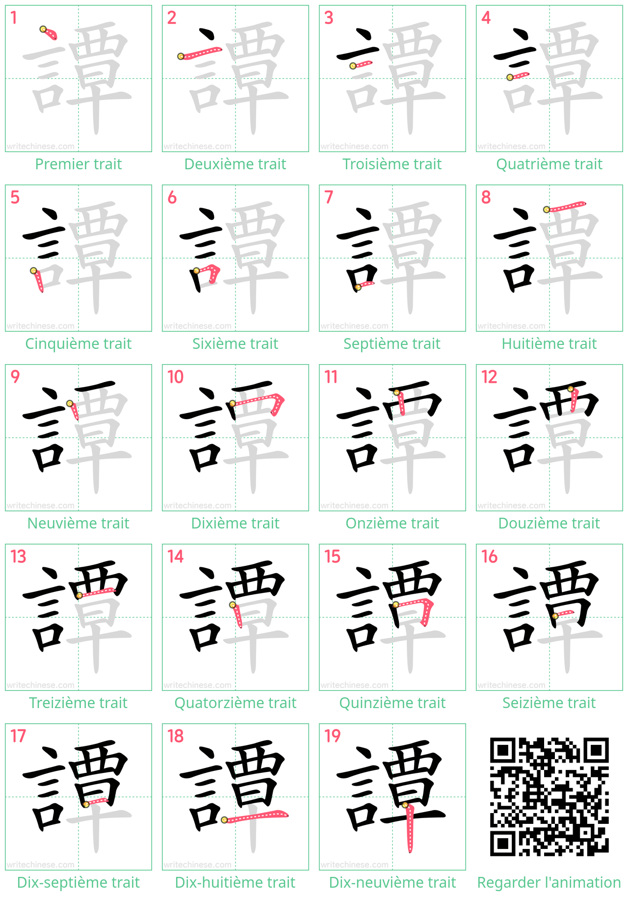 Diagrammes d'ordre des traits étape par étape pour le caractère 譚