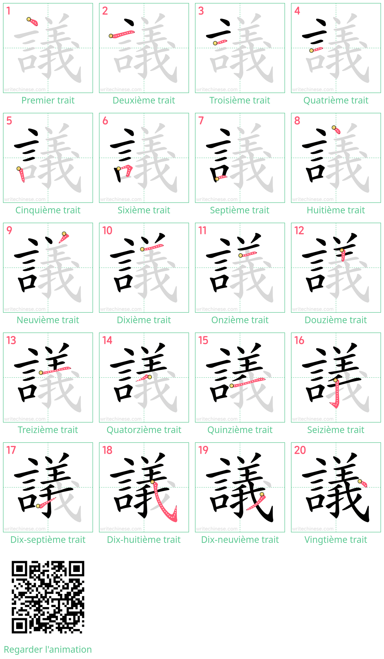 Diagrammes d'ordre des traits étape par étape pour le caractère 議