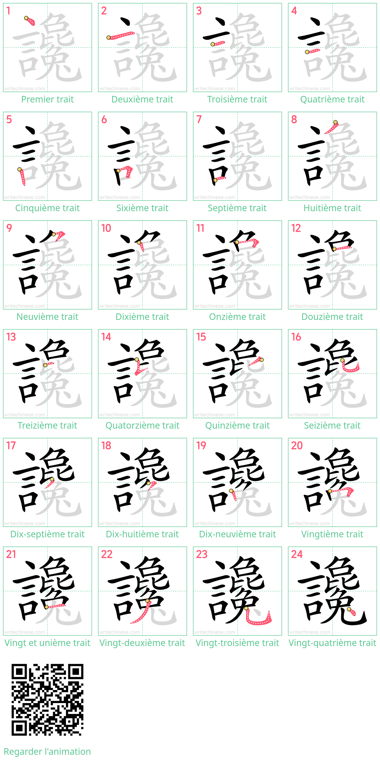 Diagrammes d'ordre des traits étape par étape pour le caractère 讒