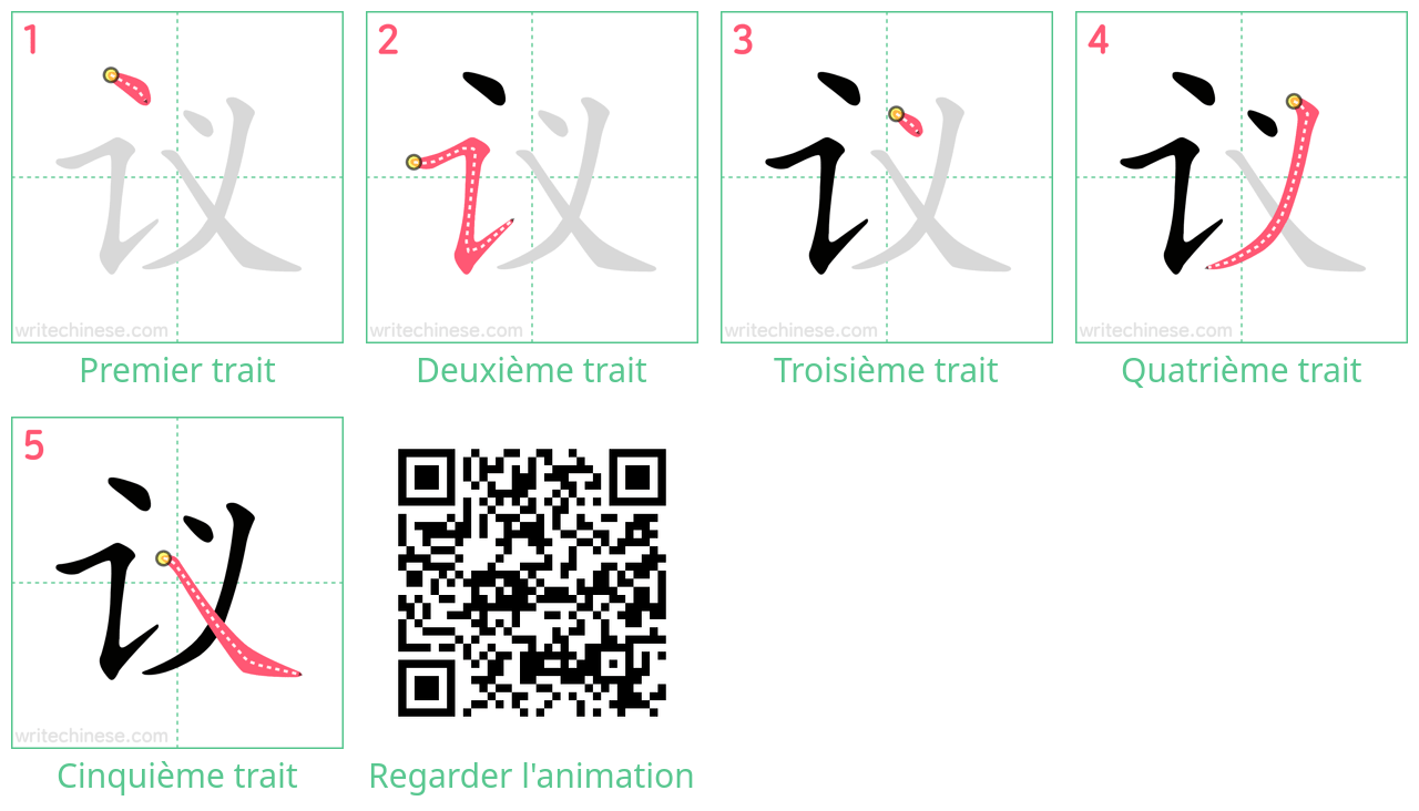 Diagrammes d'ordre des traits étape par étape pour le caractère 议