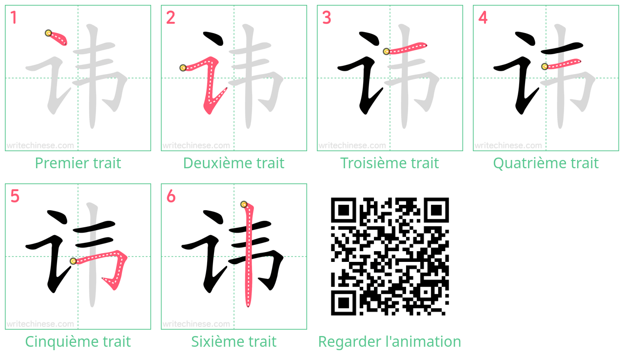 Diagrammes d'ordre des traits étape par étape pour le caractère 讳