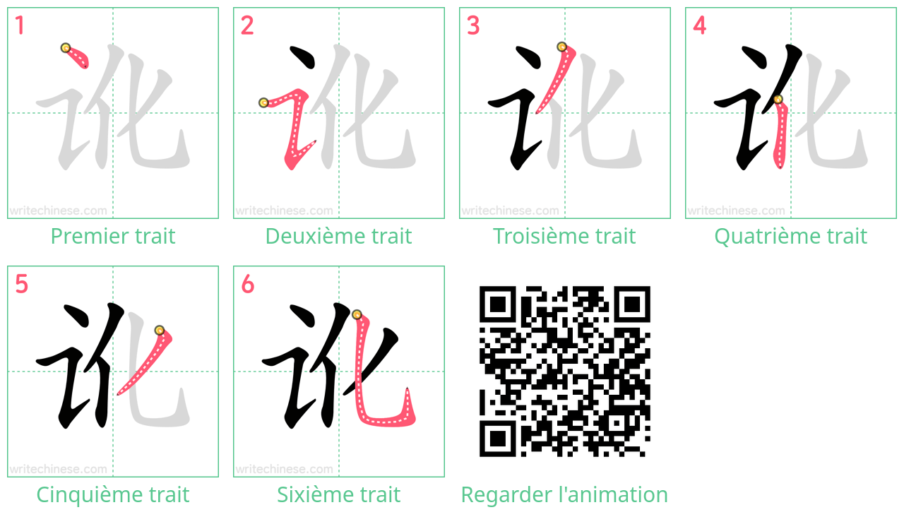 Diagrammes d'ordre des traits étape par étape pour le caractère 讹