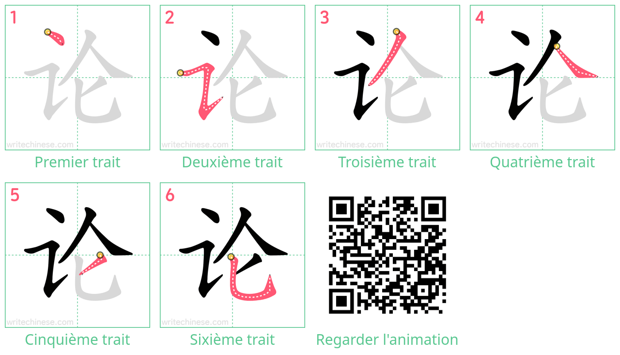 Diagrammes d'ordre des traits étape par étape pour le caractère 论