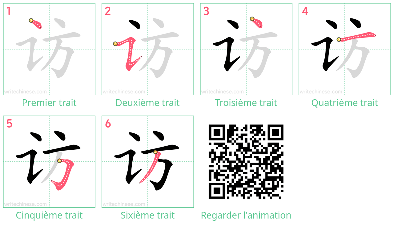 Diagrammes d'ordre des traits étape par étape pour le caractère 访