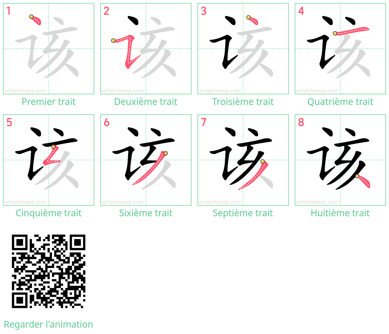 Diagrammes d'ordre des traits étape par étape pour le caractère 该