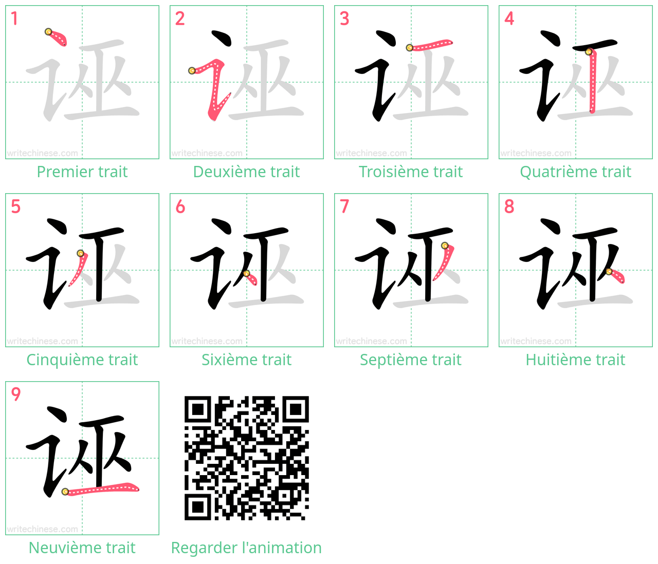 Diagrammes d'ordre des traits étape par étape pour le caractère 诬