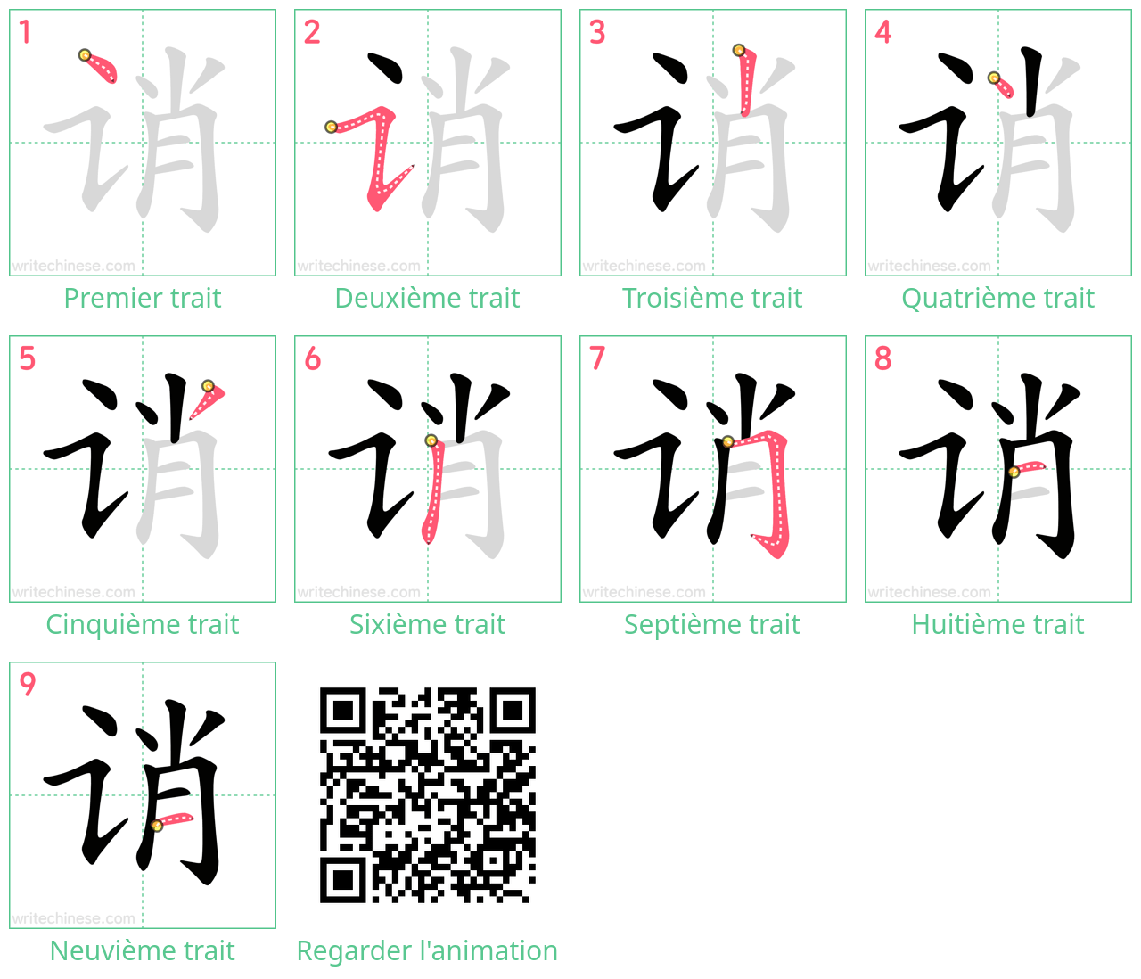 Diagrammes d'ordre des traits étape par étape pour le caractère 诮