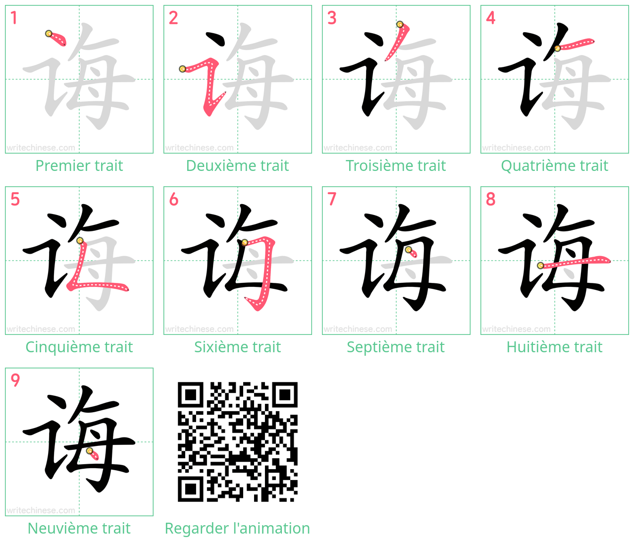 Diagrammes d'ordre des traits étape par étape pour le caractère 诲