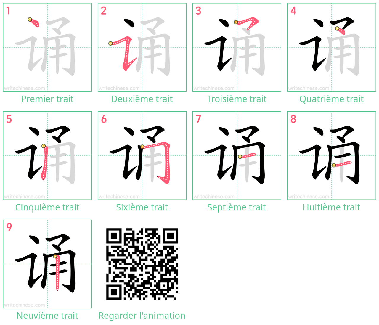 Diagrammes d'ordre des traits étape par étape pour le caractère 诵