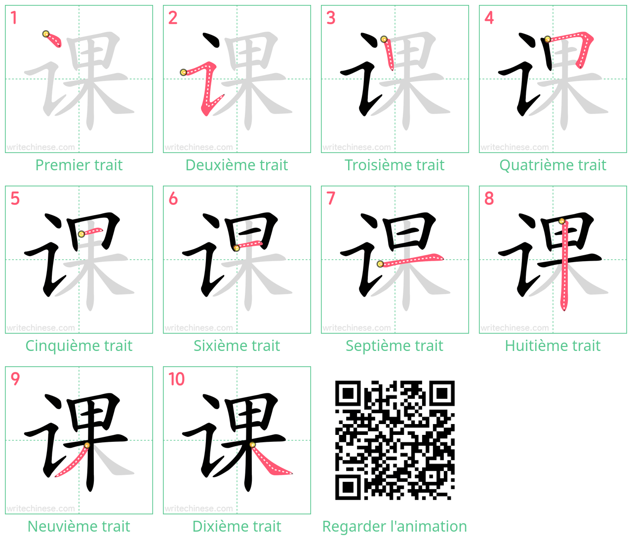 Diagrammes d'ordre des traits étape par étape pour le caractère 课