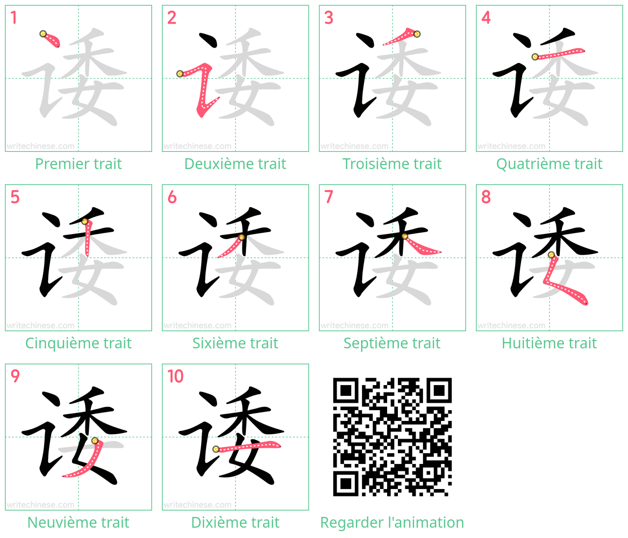 Diagrammes d'ordre des traits étape par étape pour le caractère 诿