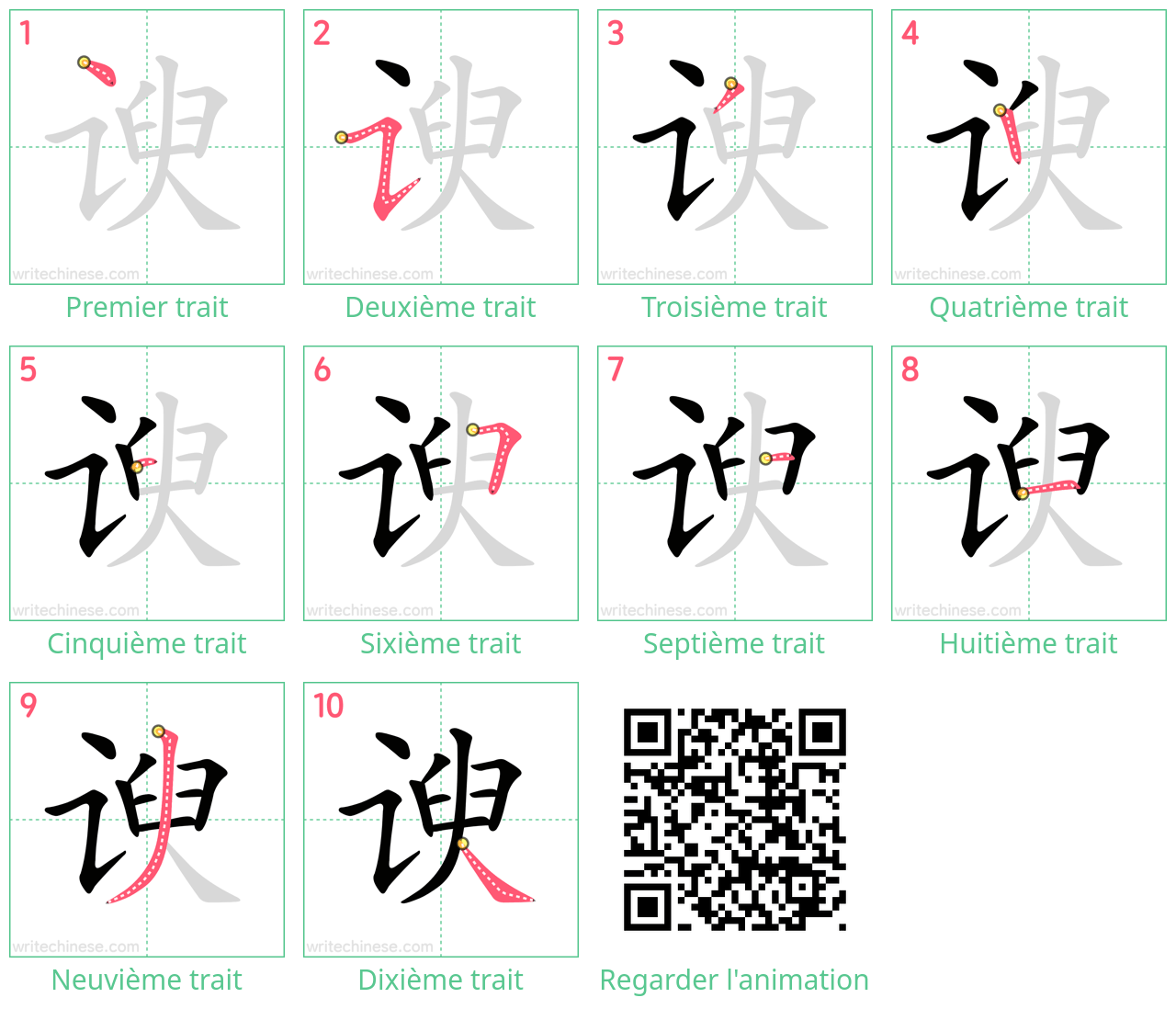 Diagrammes d'ordre des traits étape par étape pour le caractère 谀