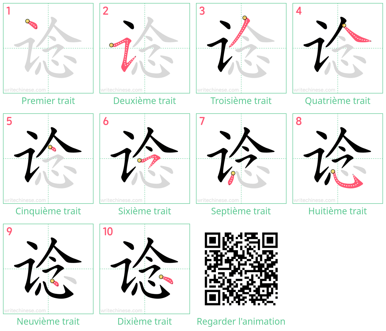 Diagrammes d'ordre des traits étape par étape pour le caractère 谂