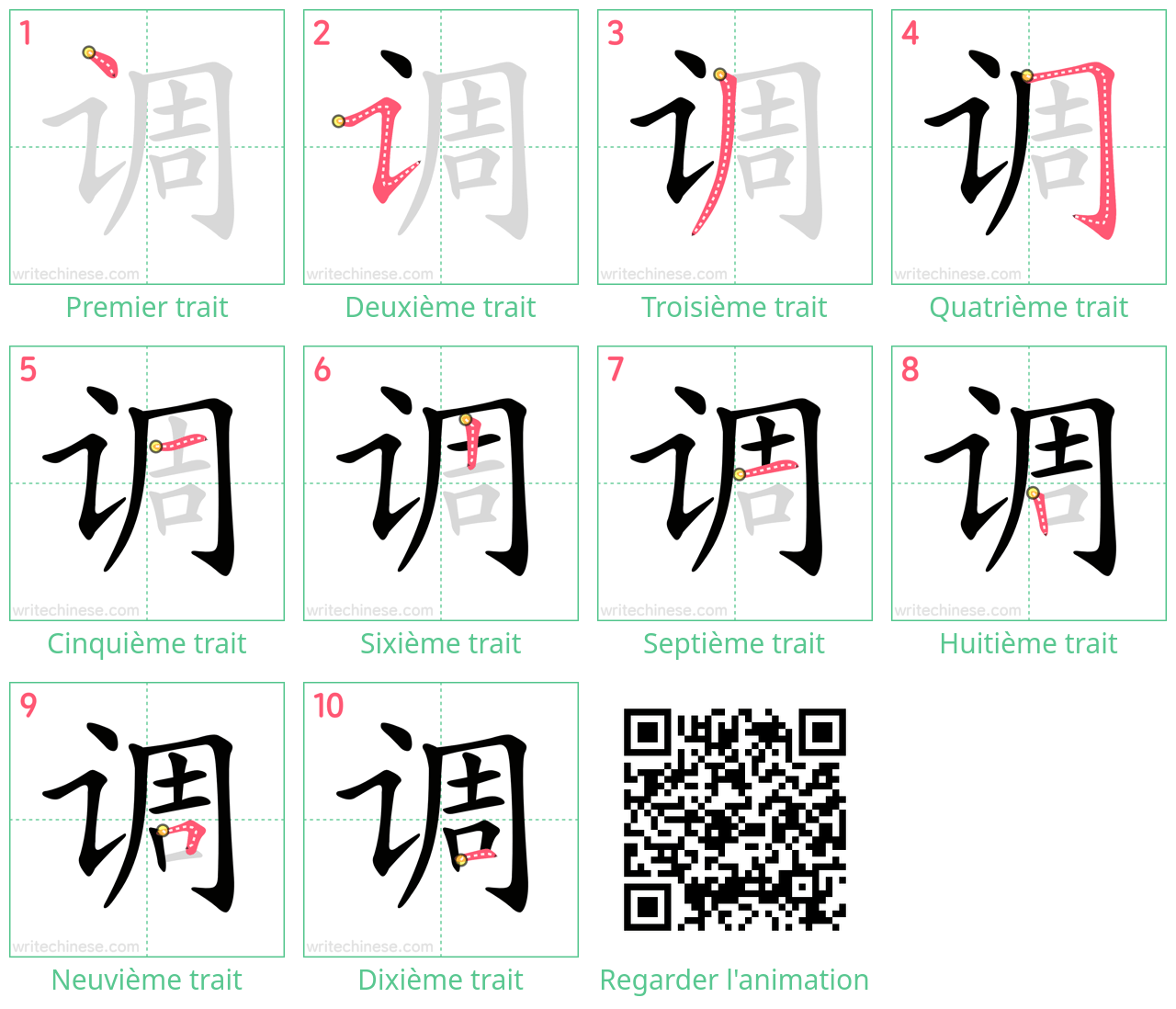 Diagrammes d'ordre des traits étape par étape pour le caractère 调