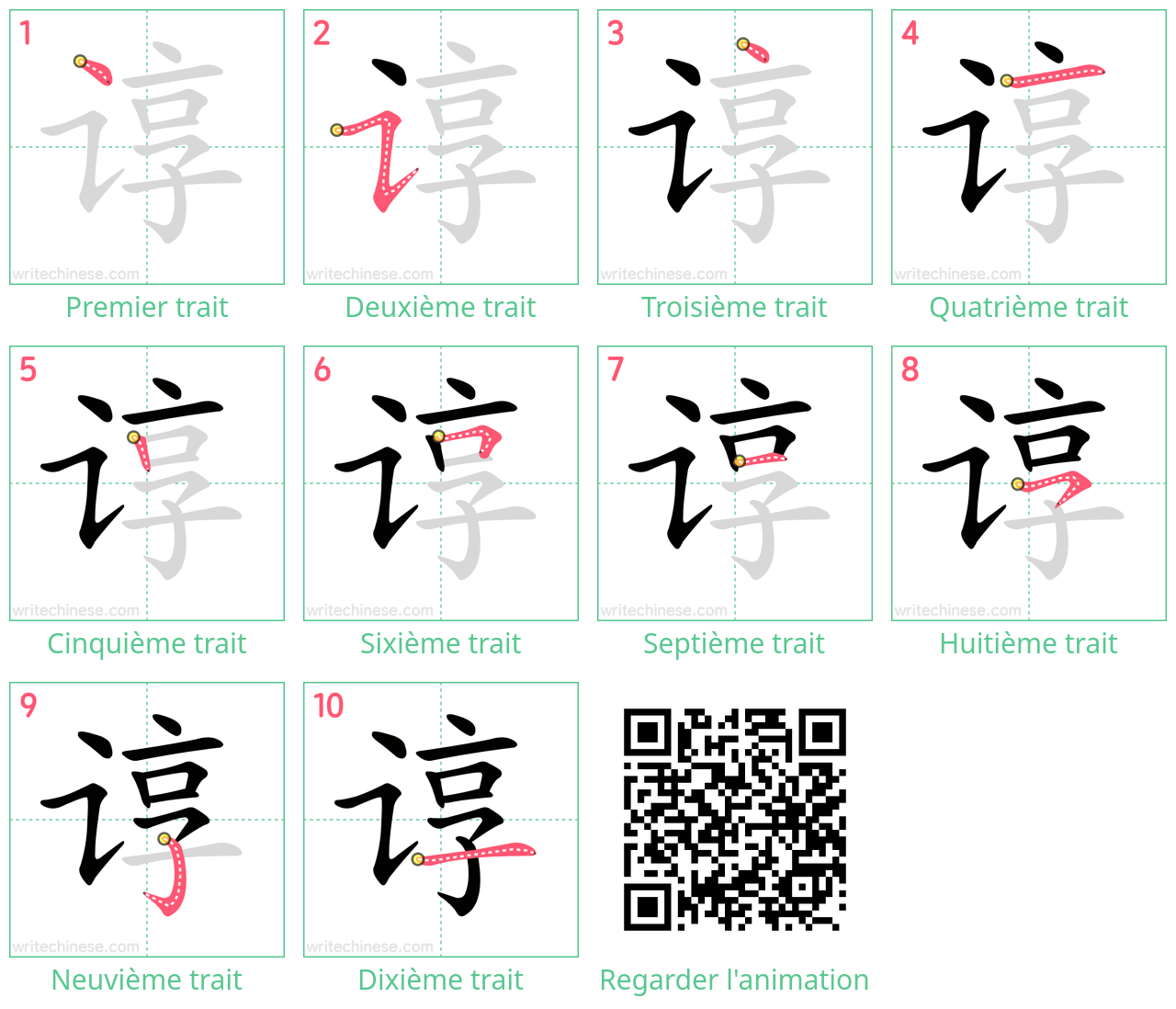 Diagrammes d'ordre des traits étape par étape pour le caractère 谆