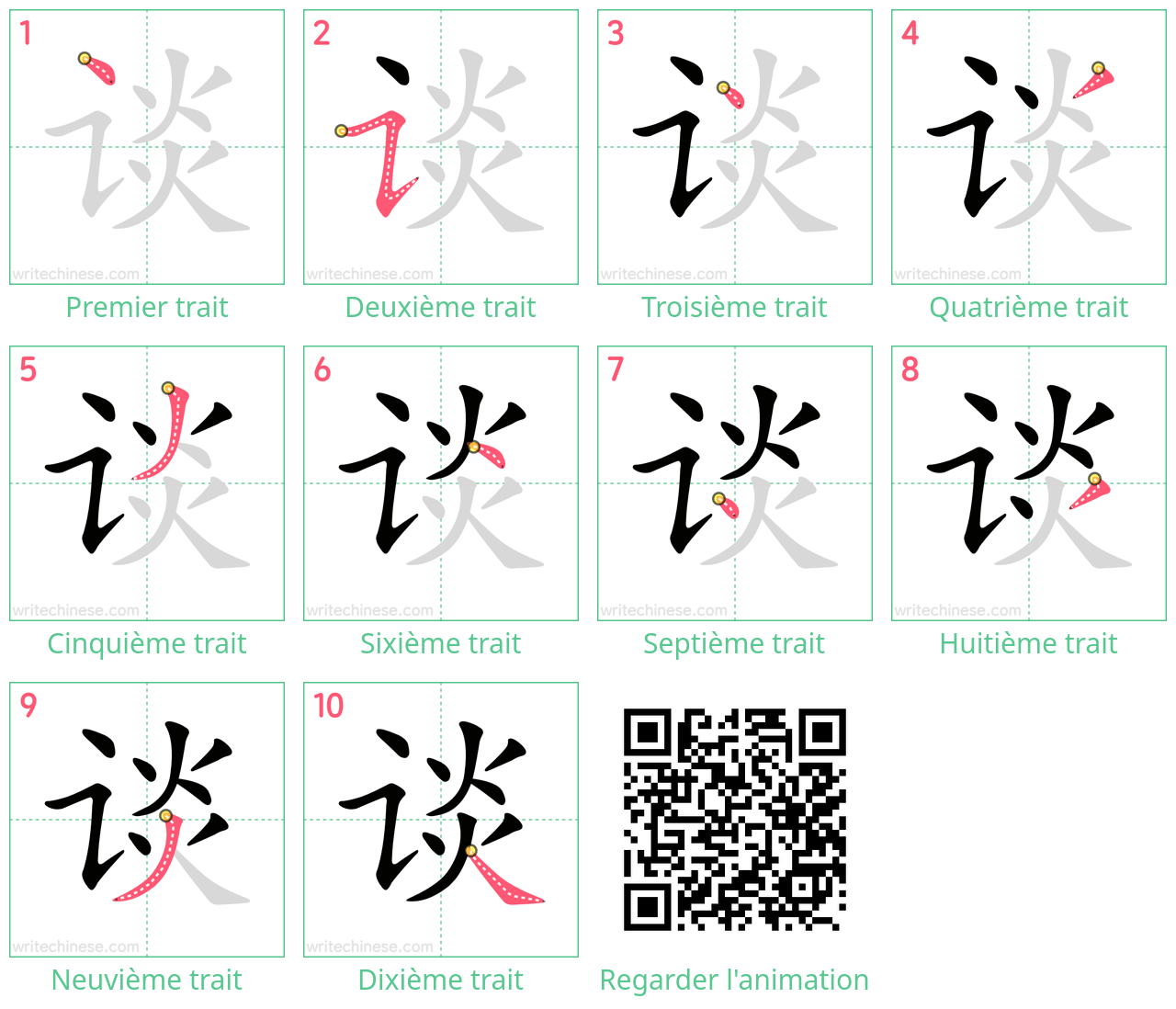 Diagrammes d'ordre des traits étape par étape pour le caractère 谈