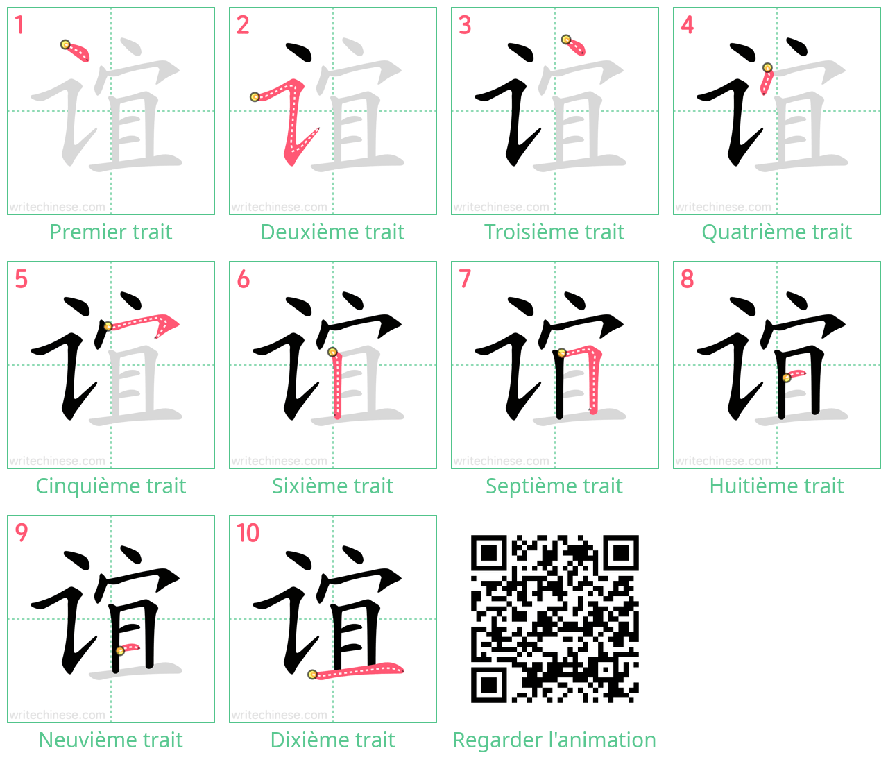 Diagrammes d'ordre des traits étape par étape pour le caractère 谊