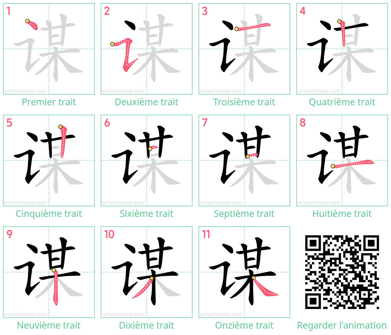 Diagrammes d'ordre des traits étape par étape pour le caractère 谋