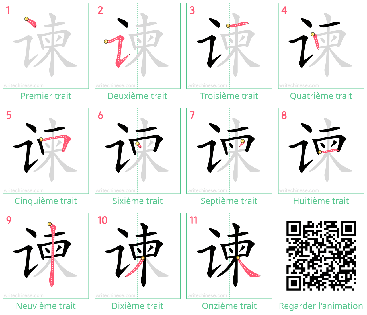 Diagrammes d'ordre des traits étape par étape pour le caractère 谏