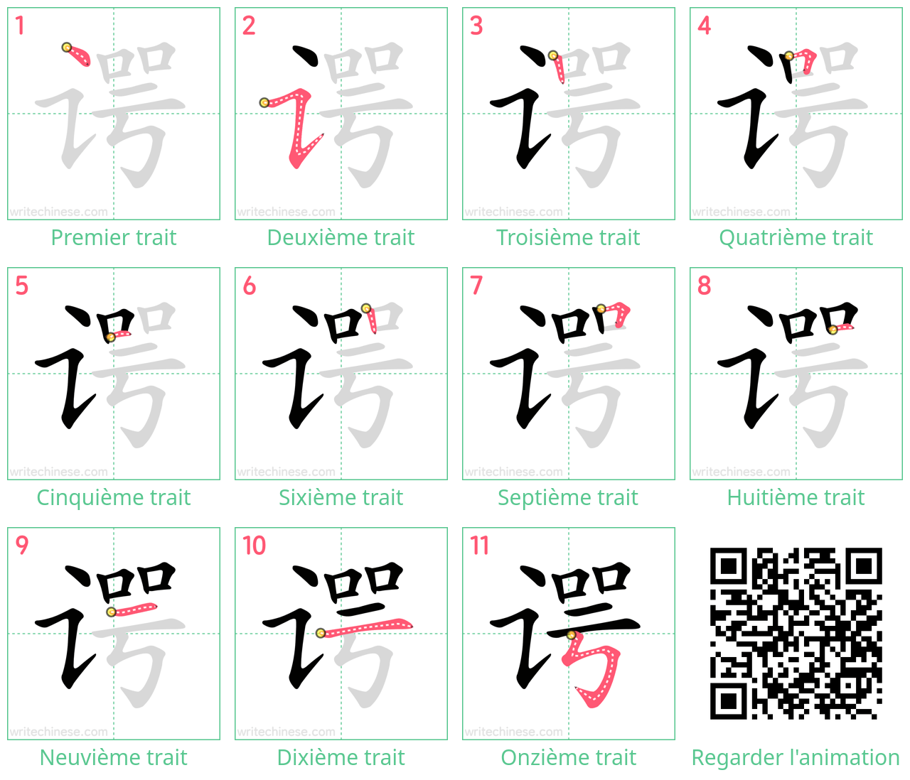 Diagrammes d'ordre des traits étape par étape pour le caractère 谔