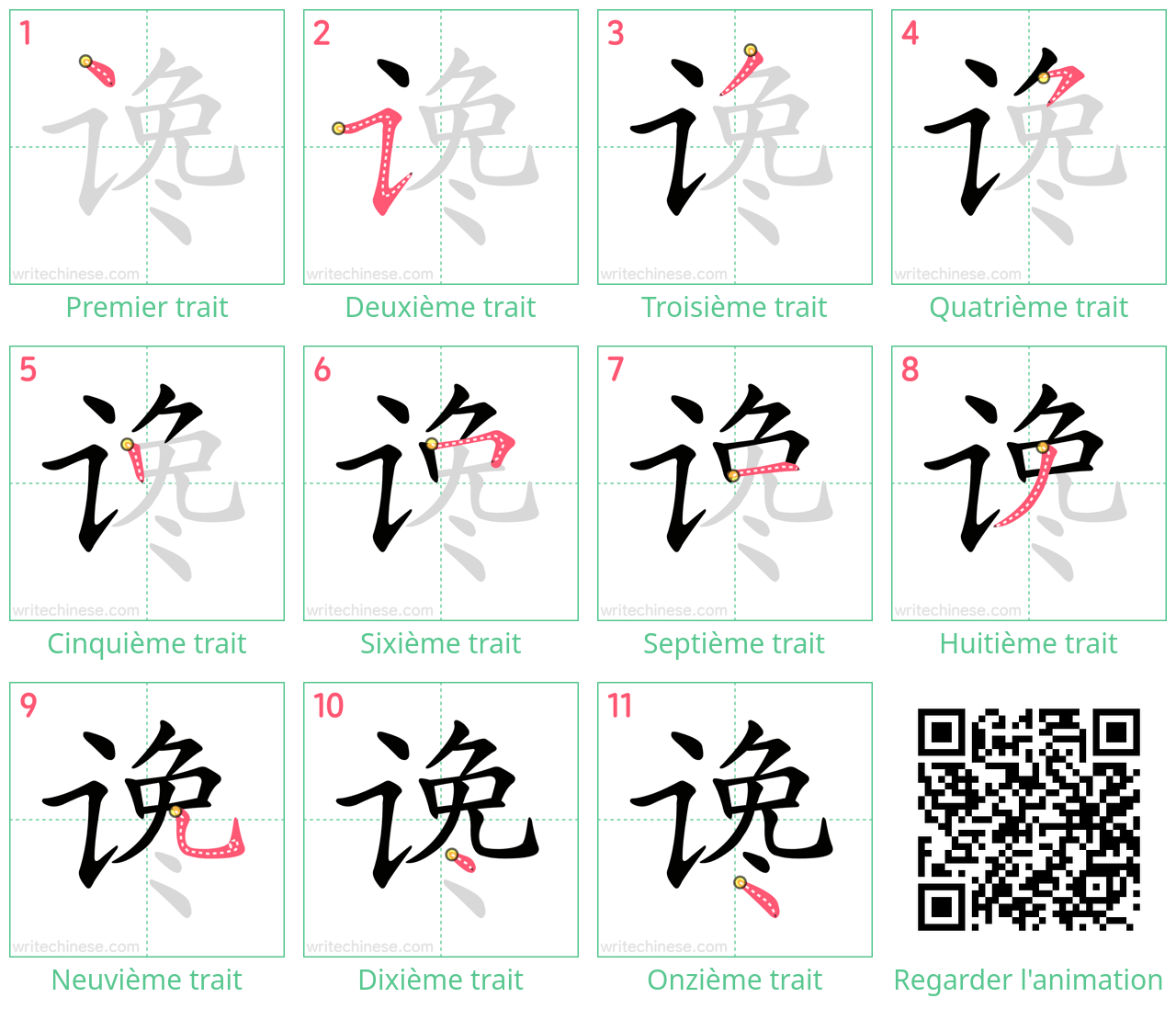 Diagrammes d'ordre des traits étape par étape pour le caractère 谗