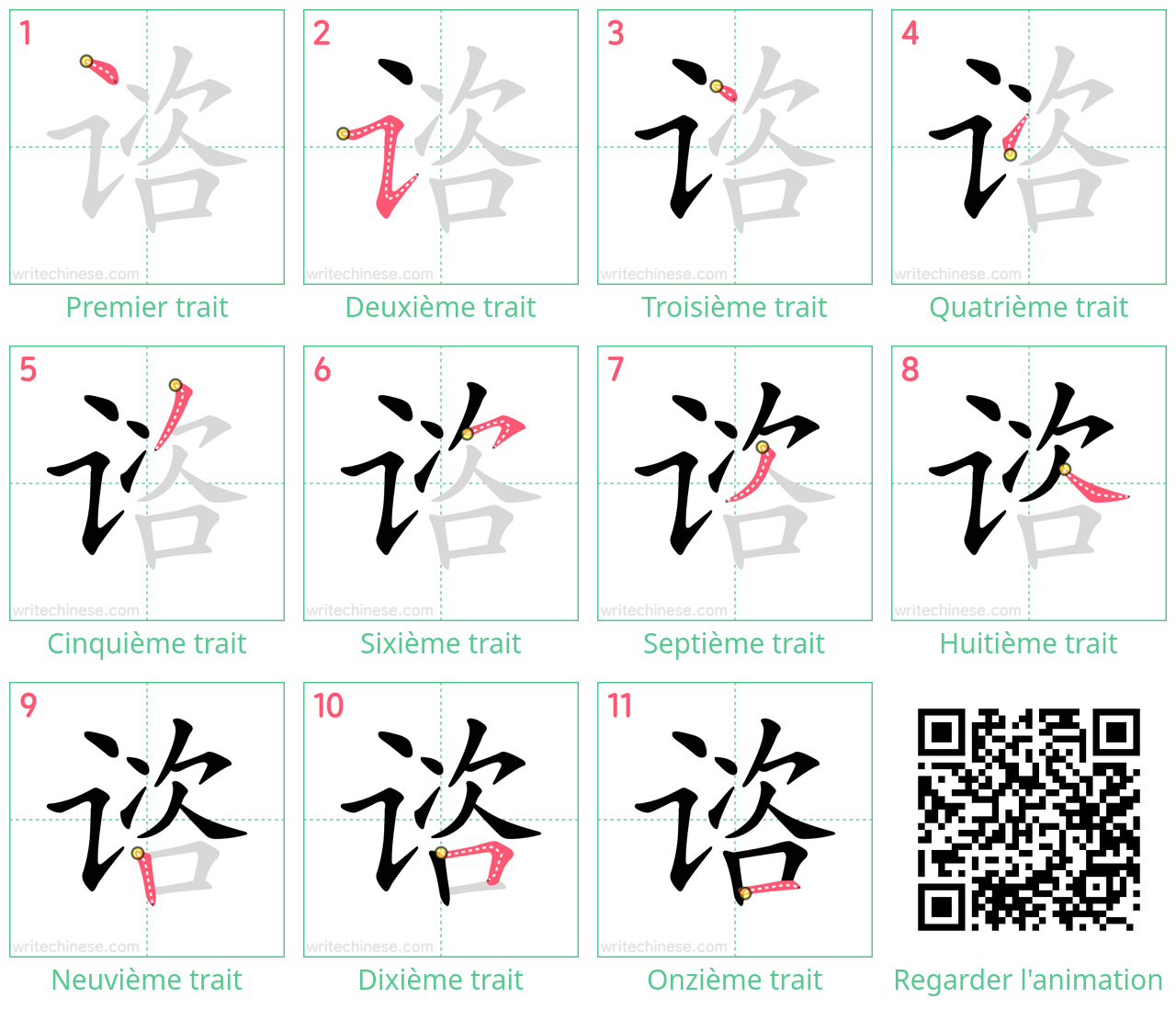 Diagrammes d'ordre des traits étape par étape pour le caractère 谘