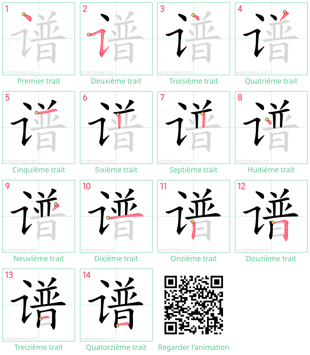 Diagrammes d'ordre des traits étape par étape pour le caractère 谱