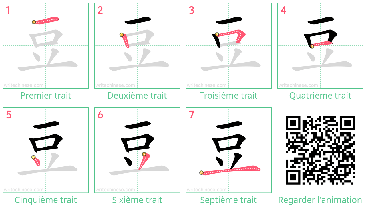 Diagrammes d'ordre des traits étape par étape pour le caractère 豆