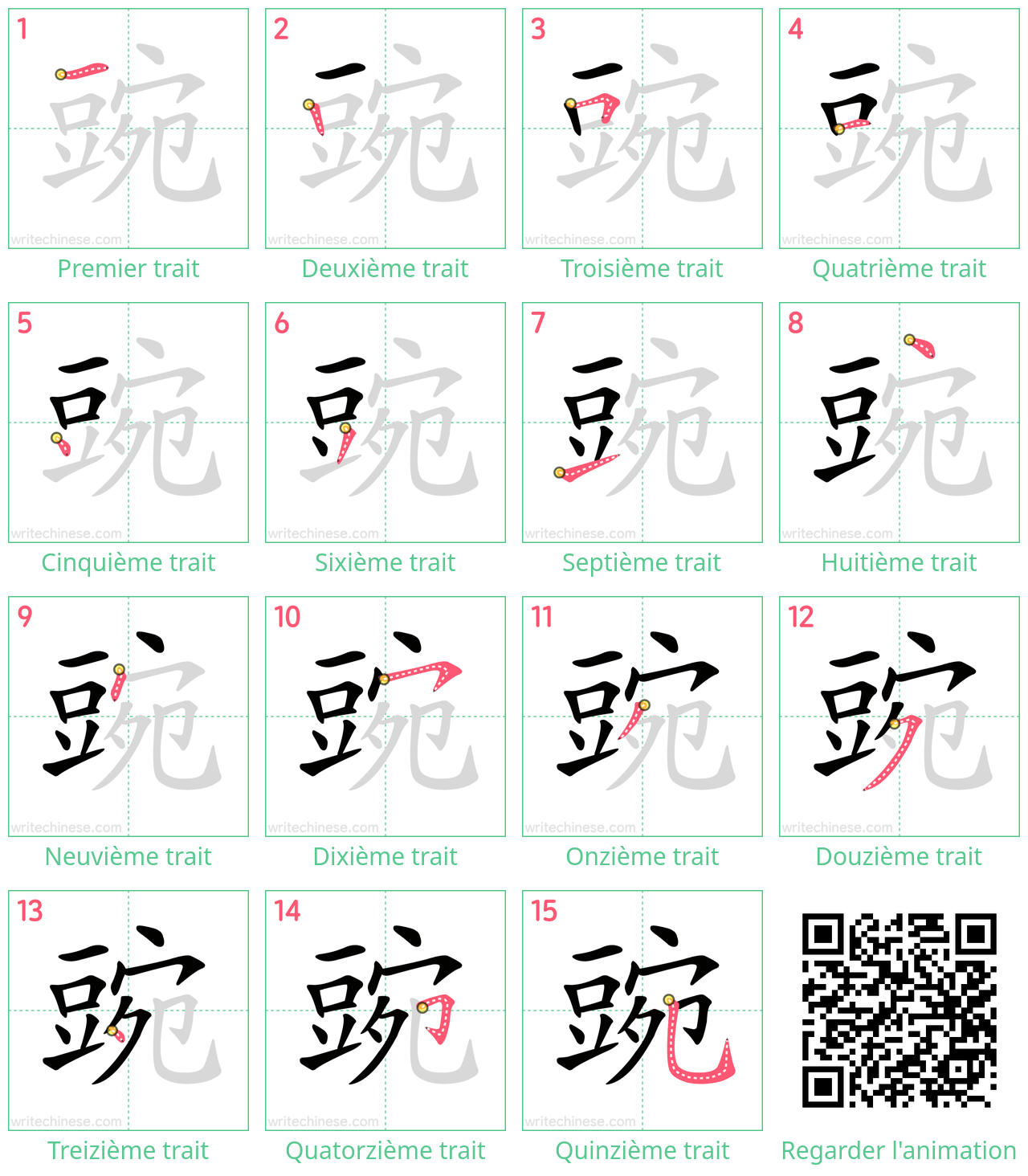 Diagrammes d'ordre des traits étape par étape pour le caractère 豌