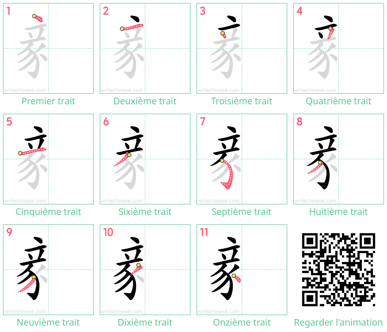 Diagrammes d'ordre des traits étape par étape pour le caractère 豙