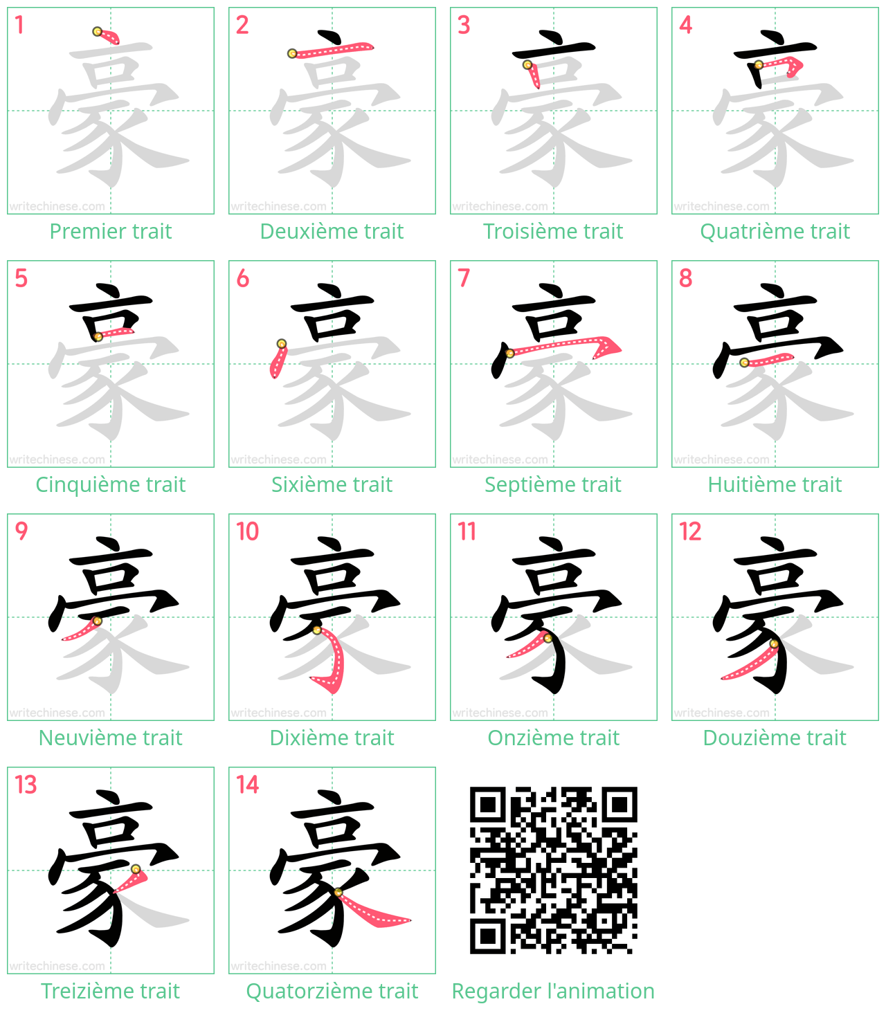 Diagrammes d'ordre des traits étape par étape pour le caractère 豪